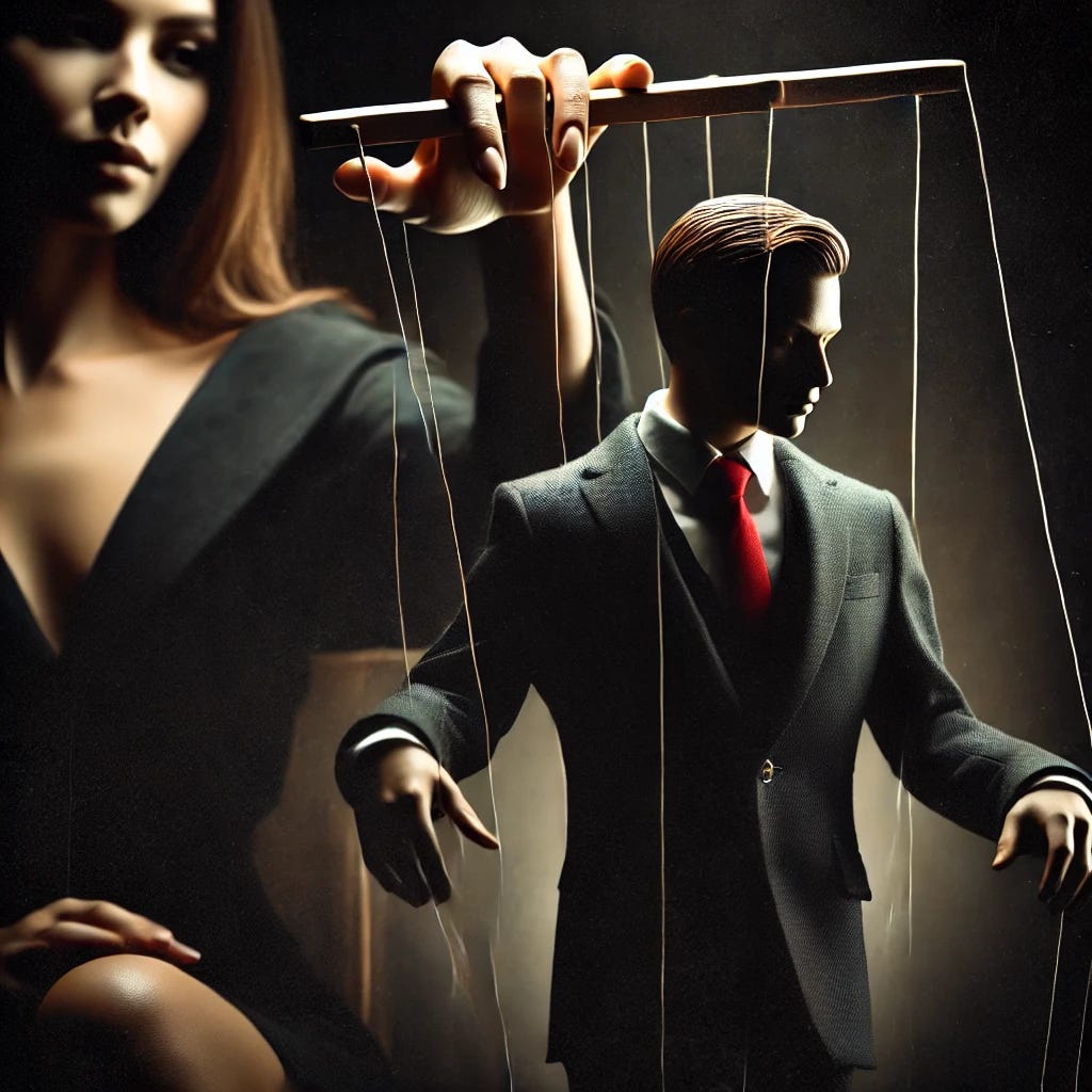A symbolic image of manipulation: a woman in shadowy tones subtly pulling strings attached to a man who is depicted as a puppet, his posture slightly slumped as if unaware of the control. The setting is dark and dramatic, emphasizing the covert and manipulative act. The woman is partially obscured, creating an aura of secrecy, while the puppet man is more visible, highlighting his role as the target of manipulation. The overall atmosphere is intense and evocative.