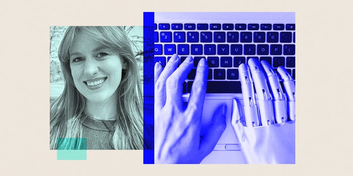 Amanda Hoover (left) and a close-up of Robot hands and human hands typing on a laptop.