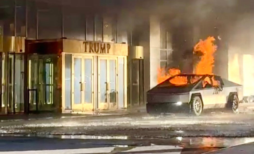 A car on fire outside a building

Description automatically generated