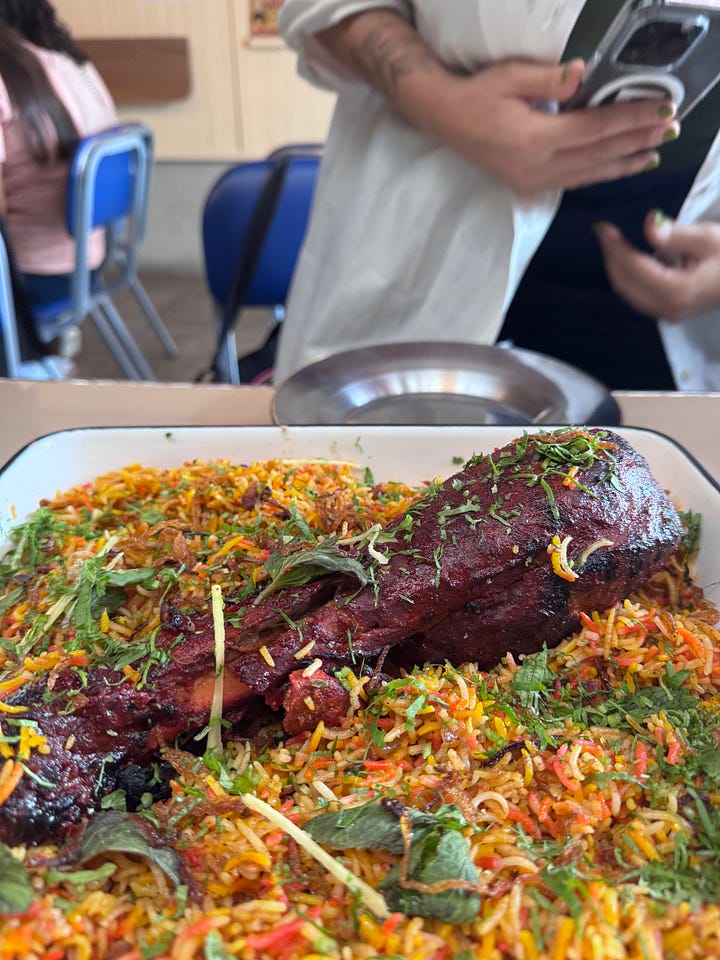 Turkey biryani and a rose water drink