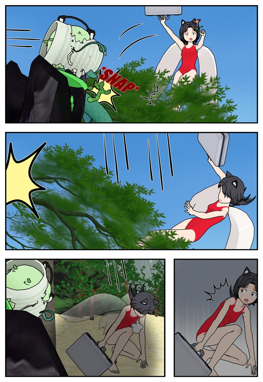 The dragon snaps the branch where Rae stands, and she falls with it, powering down.