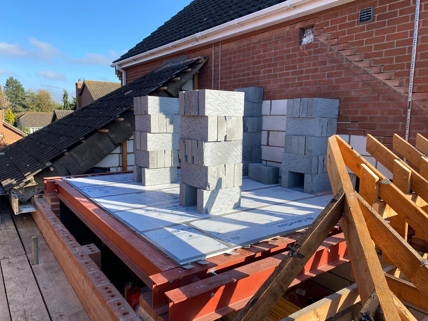 new extension floor with grey blocks piled up