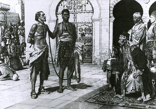 Cervantes brought before Hassan Pasha, the King of Algiers stock image |  Look and Learn