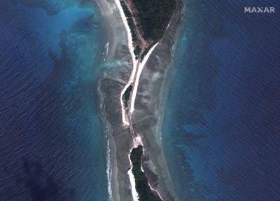 Satellite image of a causeway under construction, allegedly by China, linking the southern and northern ends of Great Coco Island, Myanmar territory