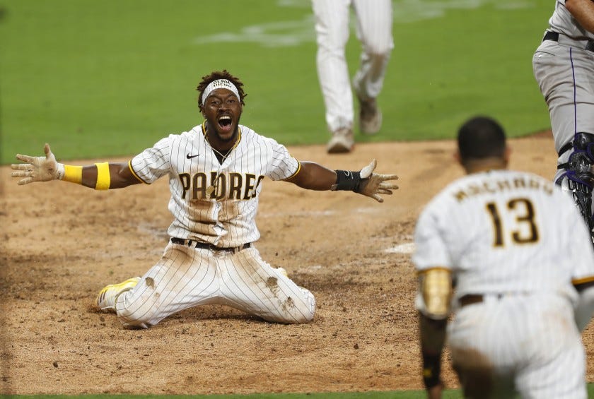 Jorge Mateo celebrates after scoring the winning run on Jurickson Profar's walk-off double in the ninth inning 