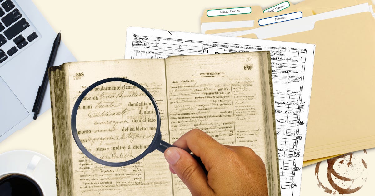 A hand holding a magnifying glass moves over the text of an old book. On the desktop is a computer files and a coffee cup.