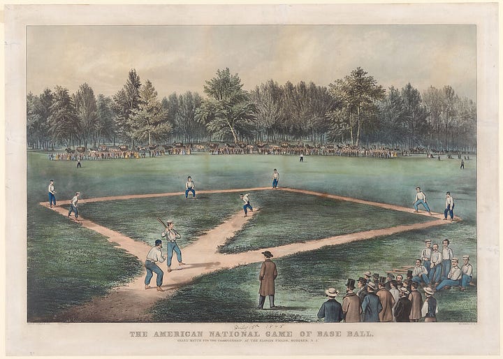 A few of the items from Mr. Mertle's Curio Cabinet, including a Cleveland Indians pennant, 1955's Greatest Moments in Sports record, several 1963 Sports Hall of Fame busts, and a framed color print of the 1866 Currier & Ives lithograph "The American National Game of Base Ball: Grand Match for the Championship at the Elysian Fields, Hoboken, N. J."