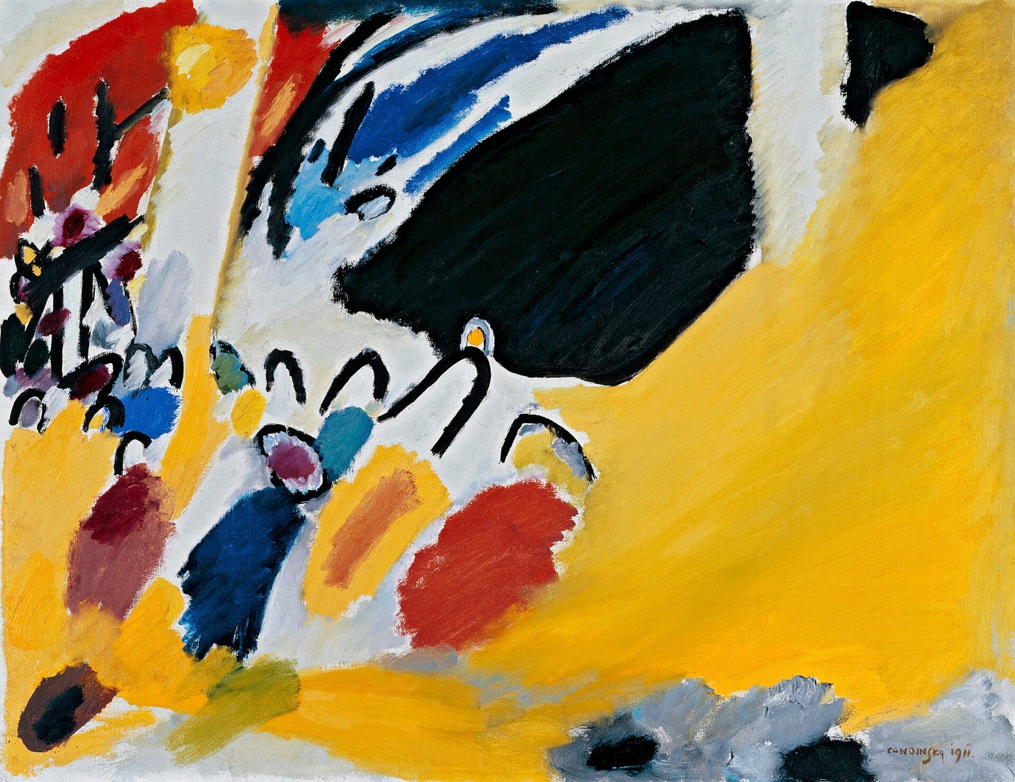 A wide field of bright yellow fills the canvas, crossed by a black diagonal shape like a grand piano, with a crowd of white and colored figures at the lower left. A wide field of bright yellow fills the canvas, crossed by a black diagonal shape like a grand piano, with a crowd of white and colored figures at the lower left.