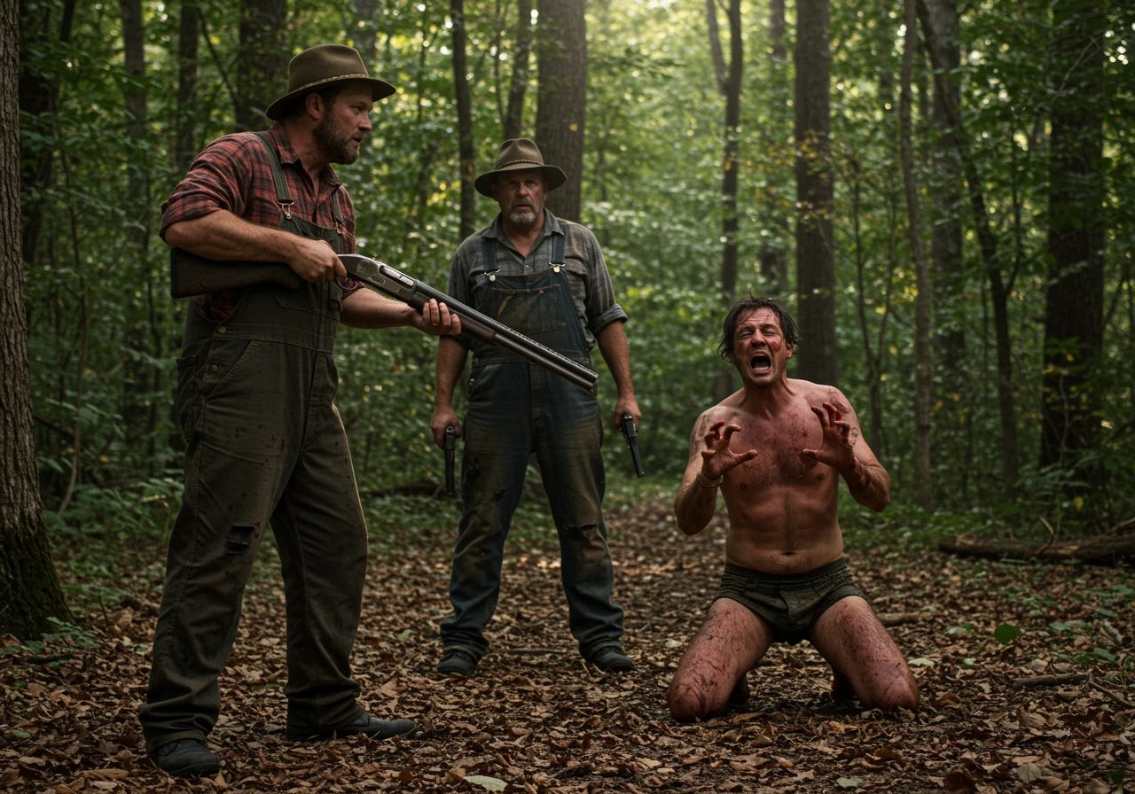 Hillbillies forcing man in underwear at gunpoint to squeal like a pig