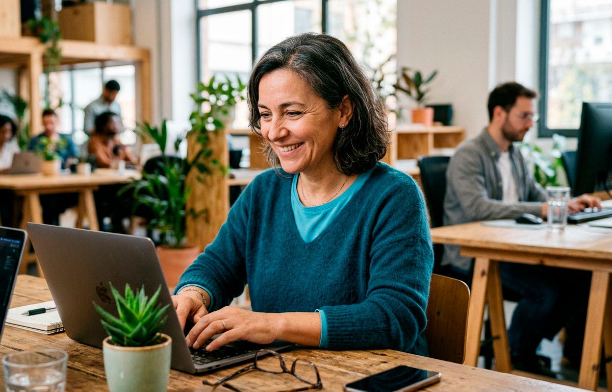 Mujer de unos 50 años trabajando concentrada en un coworking durante el día, publicando con intención para construir ingresos propios a partir de su experiencia y conocimiento