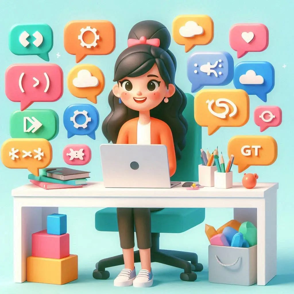 Friendly illustration of a girl developer in 3d sitting at a desk surrounded by floating speech bubbles containing tech symbols like {} brackets, API text, bug icons, cloud symbols, database cylinders, and git logos. Modern flat design style with warm colors, approachable and educational vibe, perfect for a programming blog post about IT terminology.