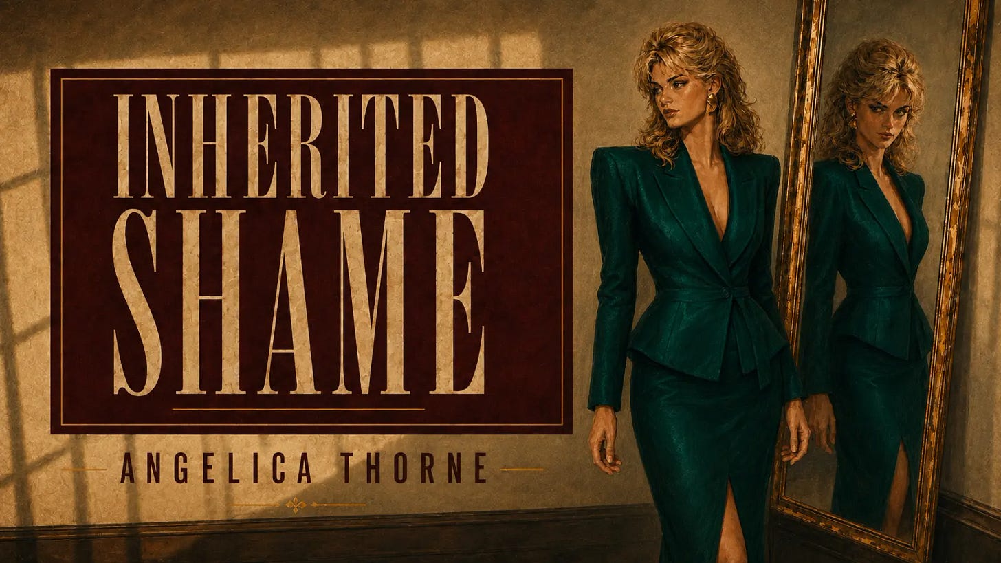 Book cover of Inherited Shame by Angelica Thorne featuring a woman in a dark green suit standing beside a mirror, reflecting a tense and introspective mood. Book cover of Inherited Shame by Angelica Thorne featuring a woman in a dark green suit standing beside a mirror, reflecting a tense and introspective mood.