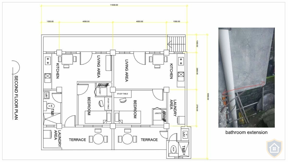 Second floor architectural plan with yellow highlighted measurements showing 11000mm length, bathroom extension visible on right unit, includes aerial photo inset showing actual bathroom extension protruding from building