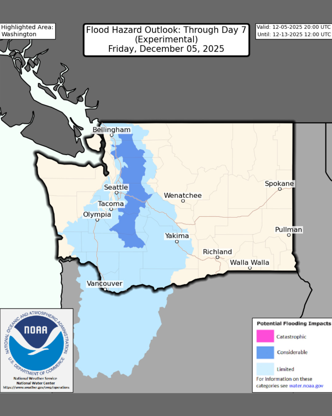 Flood hazards seven day outlook map, issued Friday, December 5, 2025. The map highlights Washington state where there is a limited to considerable flooding impact expected. Considerable means significant flash flooding and/or moderate to scattered major river flooding is expected. 