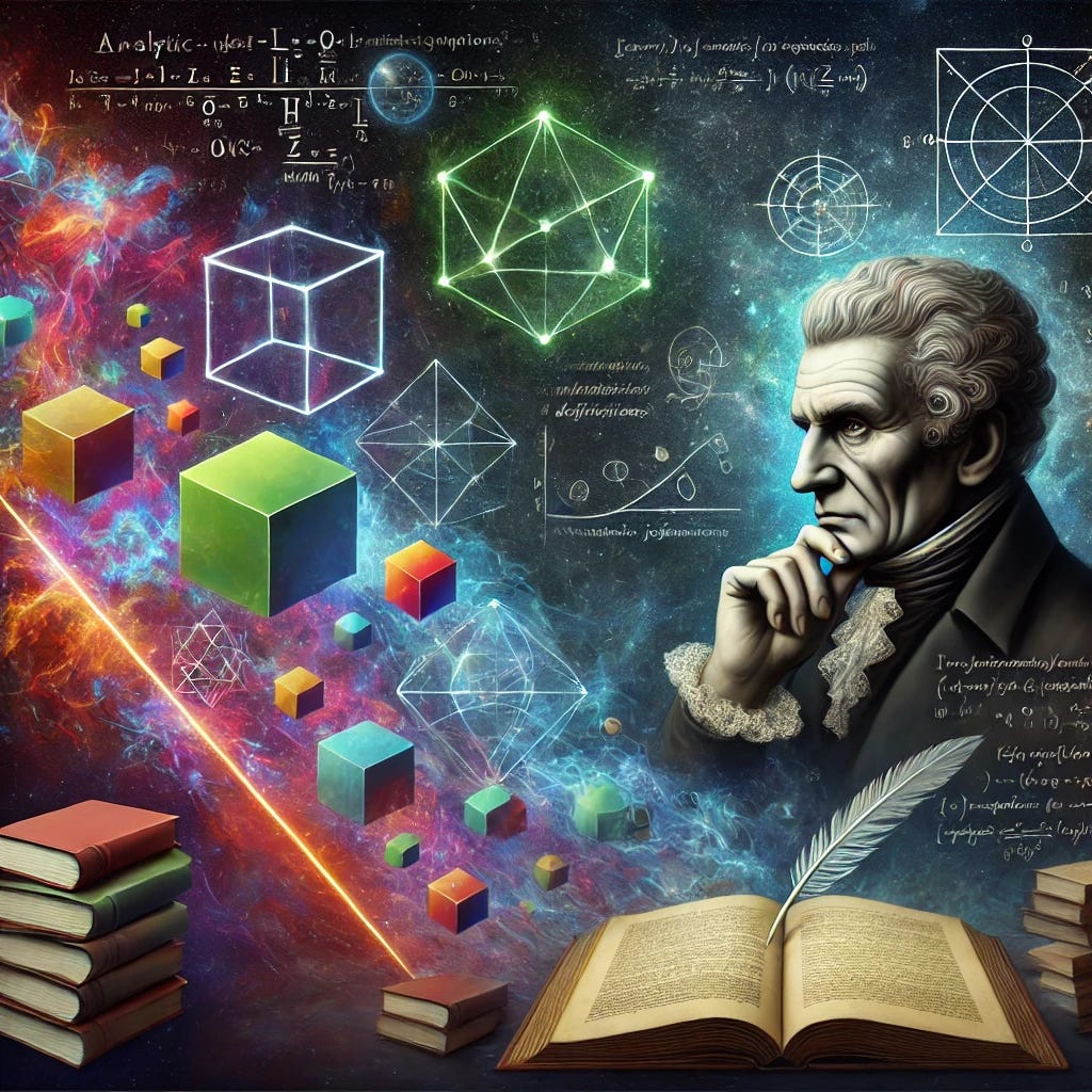 A surreal illustration of Immanuel Kant deep in thought, surrounded by floating books and glowing geometric shapes symbolizing logic and reason. A bright line divides the scene, representing the split between analytic and synthetic judgments. On one side, rigid mathematical symbols and neatly arranged definitions float in the air, while on the other, abstract, colorful forms emerge unpredictably, representing synthetic knowledge. The background is dark with a cosmic feel, suggesting the deep philosophical implications of the topic.