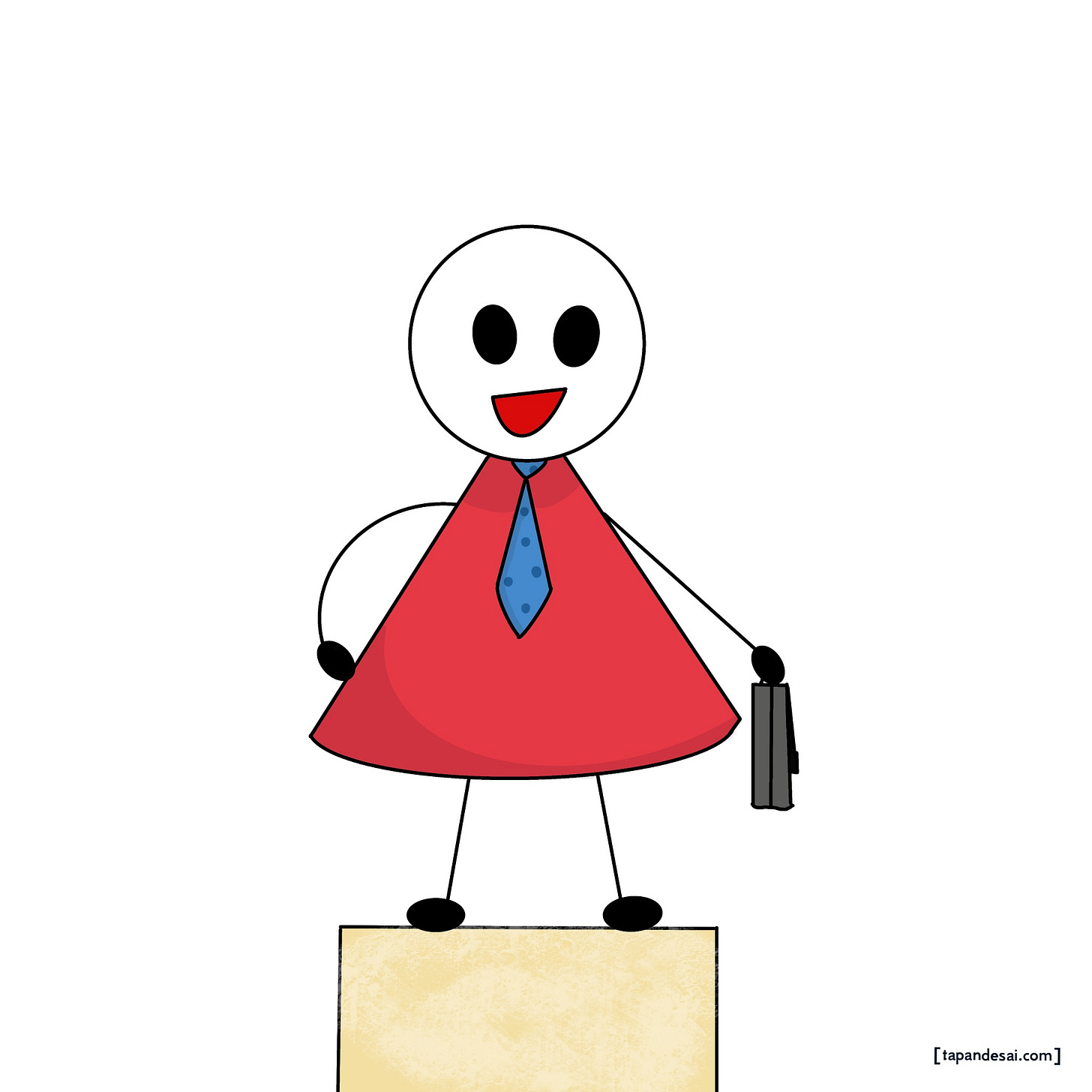 Stick figure illustration of Raj in a tie holding a briefcase, standing on a pedestal — symbolizing professional ambition, the desire for promotion, and society's definition of success and happiness.