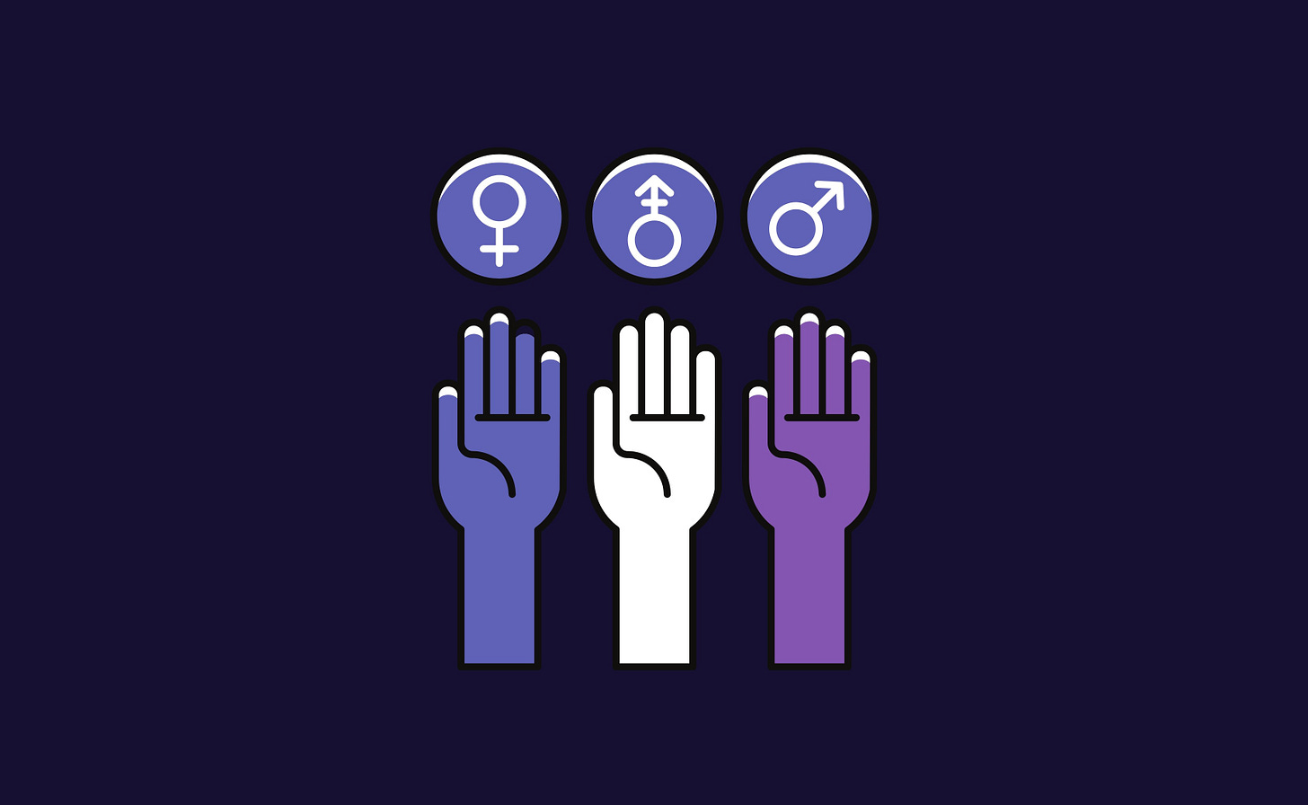 Graphics of three hands of different colors reach up toward the symbols for man, transgender, and woman.