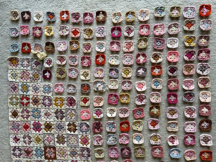 Sitting by the Fire Crochet Granny Square Blanket in construction