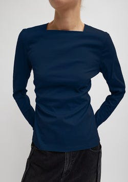 Stretch Cotton Nylon Square Neck Slim Circular Sleeve Top Navy Blue-1