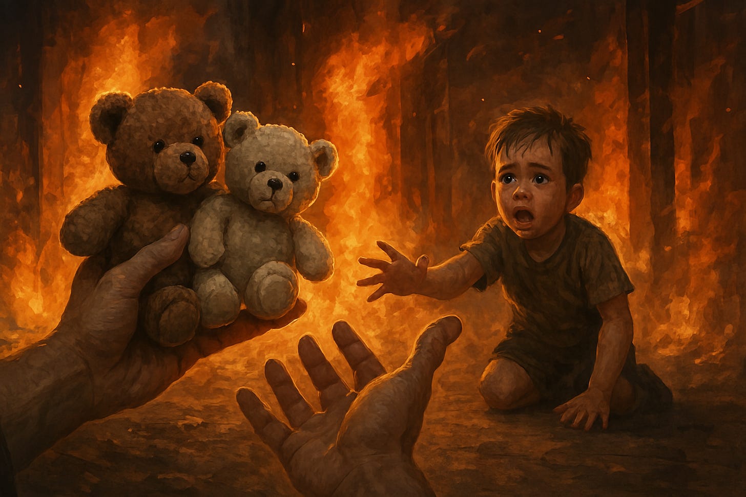 A child looking at a hand holding a stuffed bear

AI-generated content may be incorrect.