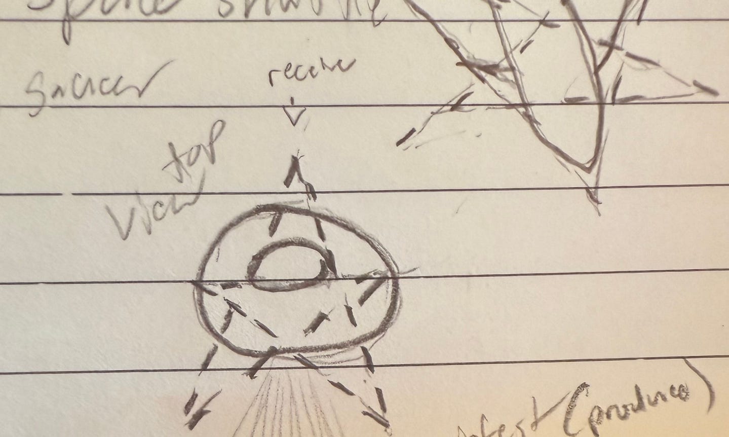 Photo of a lined notebook page showing a pencil sketch of a saucer with arrows; the top is labeled “receive” and the bottom is labeled “manifest (produce),” with shaded lines drawn beneath the craft.