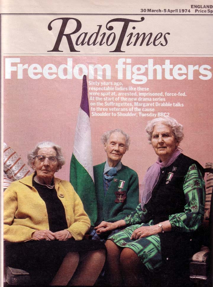 Cover of Radio Times magazine, three old women and suffragette flag Cover of Radio Times magazine, three old women and suffragette flag