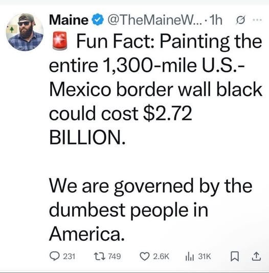 May be an image of ‎1 person and ‎text that says '‎Maine @TheMaineW.... 1h Fun Fact: Painting the entire 1,300-mile U.S.- Mexico border wall black could cost $2.72 BILLION. We are governed by the dumbest people in America. 231 749 2.6K را 31K‎'‎‎