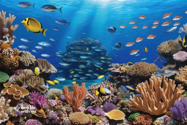 underwater at great barrier reef with colorful fish and corals underwater at great barrier reef with colorful fish and corals