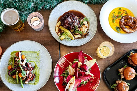 plates on table credit aleishakalina unsplash; crispy rice credit scotteckersley unsplash; noodles on fork credit alice Pasquale unsplash; burgers credit mae mu; sandwich credit tina witherspoon unsplash; pizza oven credit zero take unsplash;