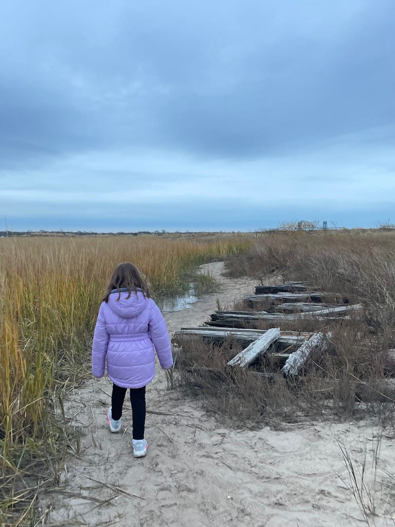 Little girl walking on the sand in winter