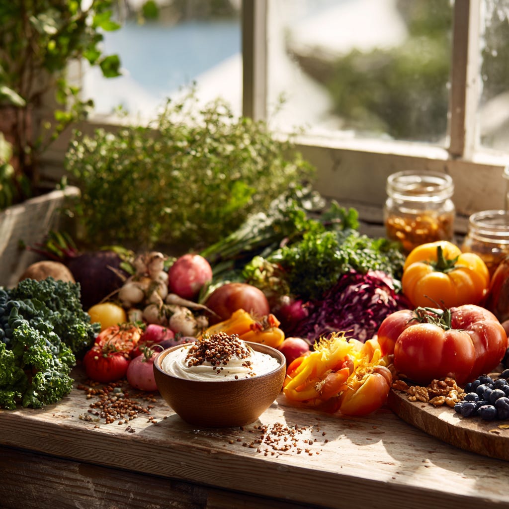 a colorful and diverse array of whole foods artfully arranged on a light wooden surface. The composition emphasizes natural, unprocessed ingredients, including an assortment of heirloom tomatoes in varying shades of red and orange, leafy green vegetables such as kale and spinach, bright yellow bell peppers, and deep purple berries. Add in some sprouted lentils and nuts/seeds. A small wooden bowl contains a dollop of creamy coconut yogurt, drizzled with honey and topped with a sprinkle of cacao nibs.  Soft, natural light filters in from the left, casting gentle shadows and highlighting the textures of the food. In the background, a blurred glimpse of a sun-drenched kitchen with a window overlooking a thriving herb garden.