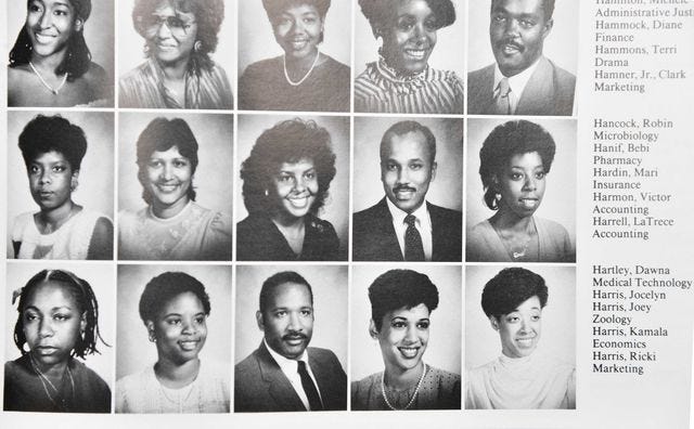 vice president kamala harris pictured in howard university’s 1986 yearbook