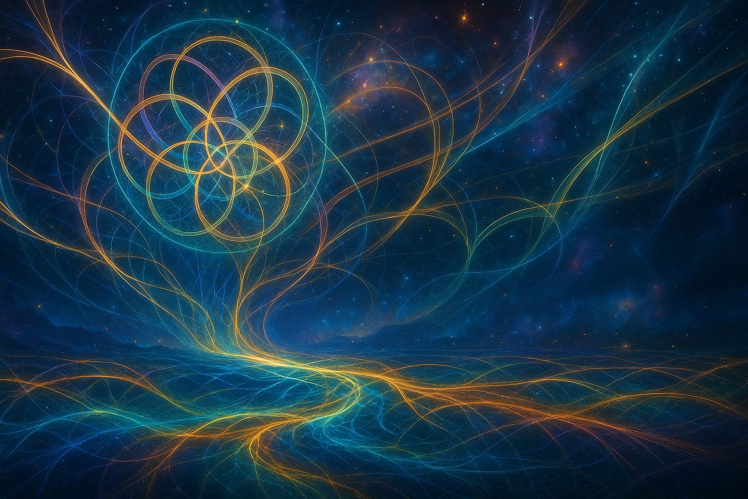 Cosmic night scene with turquoise and gold light-threads weaving across a dark star field. Filaments flow from a glowing river at the horizon and braid upward into a flower-of-life knot—suggesting interlaced loops and pathways.