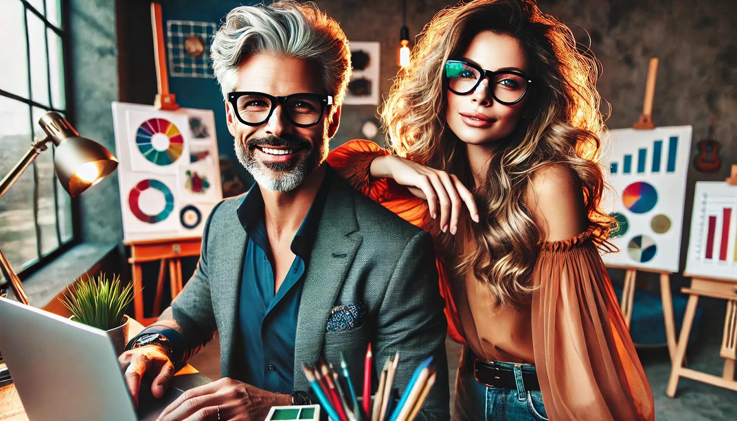 A stylish and confident middle-aged man and woman, both with ADHD, thriving in life. The man has salt-and-pepper hair, a well-groomed beard, and wears a sharp casual outfit with a hint of playfulness. The woman has wavy hair with a few silver strands, wears trendy glasses, and a vibrant, artistic outfit. They are both smiling, engaged in creative or entrepreneurial work, surrounded by elements representing productivity, creativity, and joy (such as books, a laptop, sketches, or plants). The setting is modern and inspiring, suggesting a dynamic and fulfilling lifestyle. The lighting is warm and flattering, emphasizing their charisma and success.