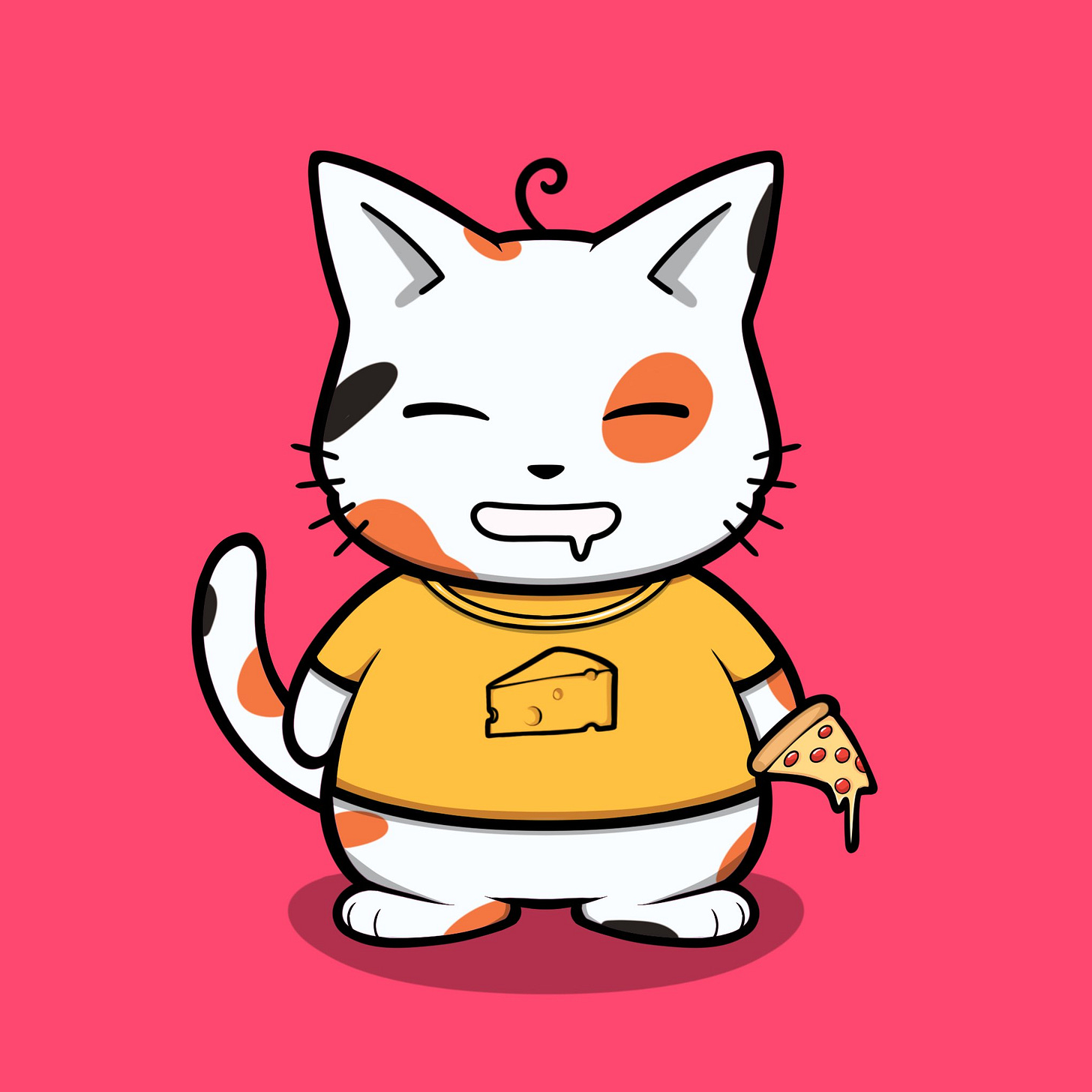 A cartoon of a calico cat eating pizza.