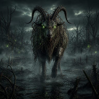 The final cursed goat of Berez — an ancient, scarred giant goat standing alone in a swamp clearing, horns black and barbed, eyes glowing bright sickly green, fog curling around its hooves, its presence heavy and judging, the swamp bending away from it