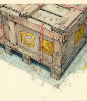 Close-up illustration of a marked prototype crate labeled thirteen with warning tags and subtle tension.