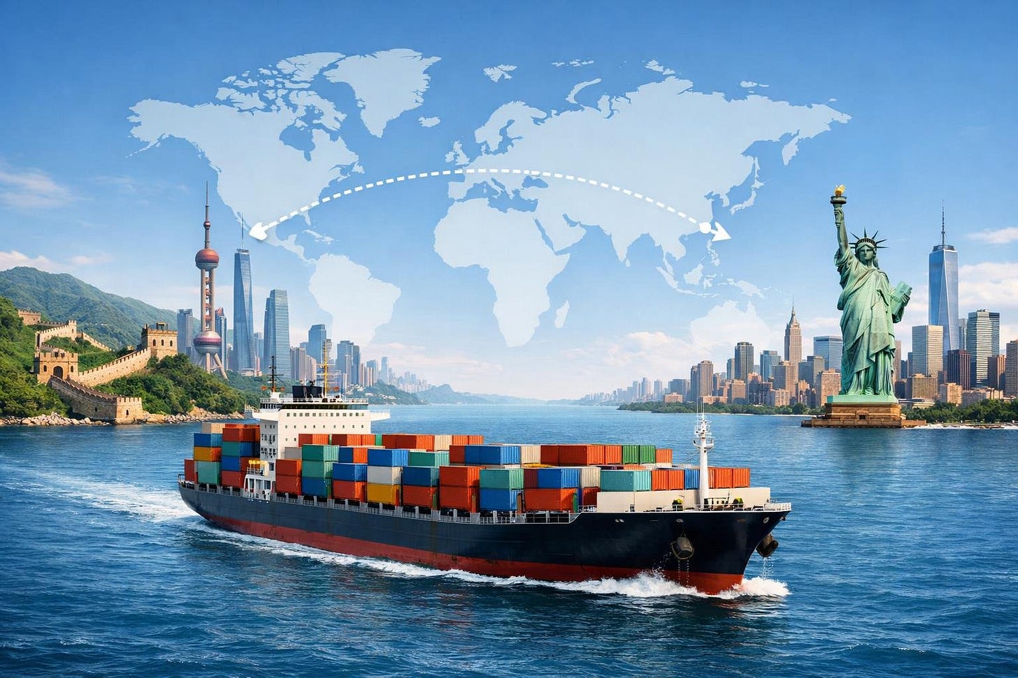 A cargo ship sailing between China and the USA with landmarks from both countries and a world map showing the shipping route. A cargo ship sailing between China and the USA with landmarks from both countries and a world map showing the shipping route.