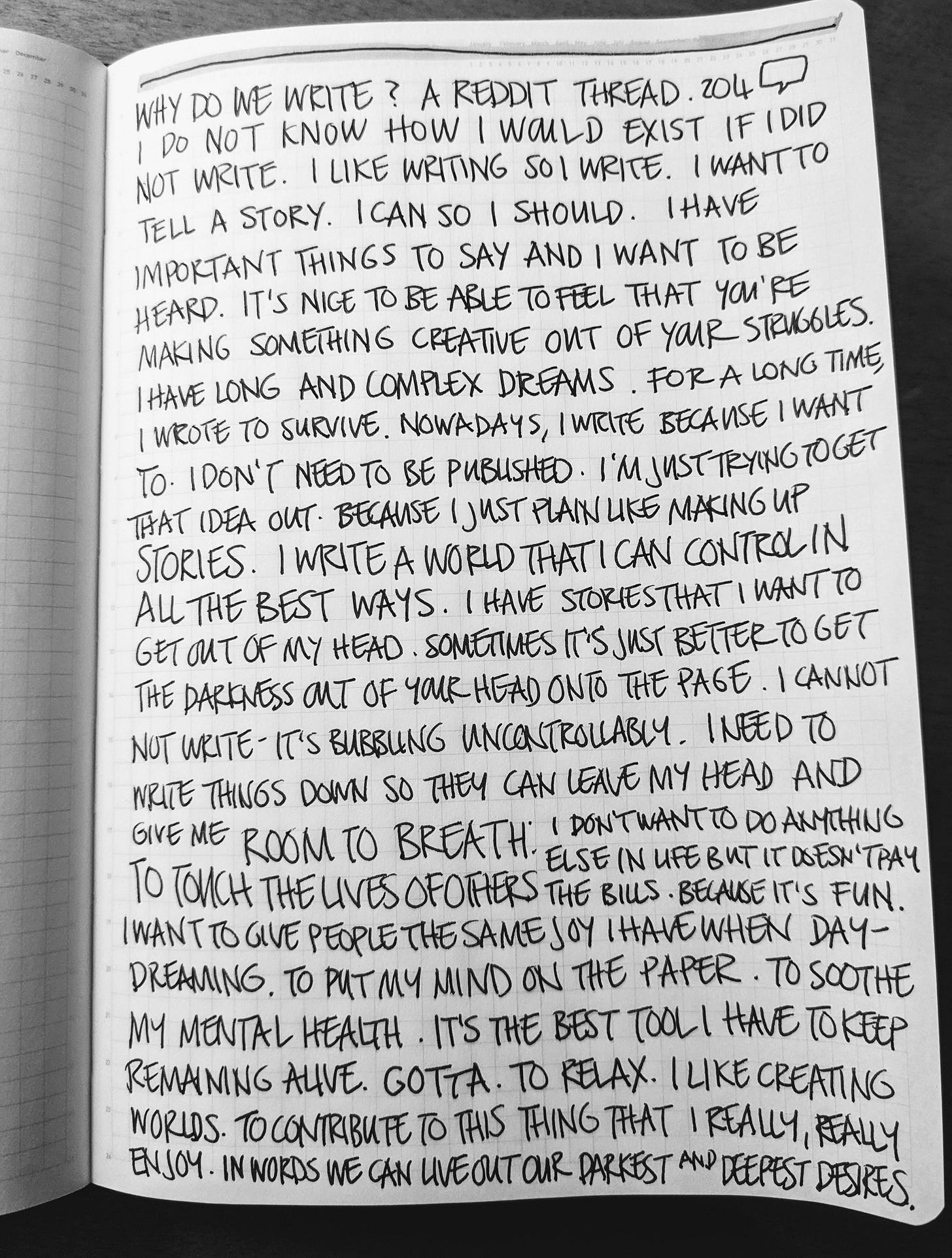 page from notebook showing handwritten responses to Reddit thread Why do we write?