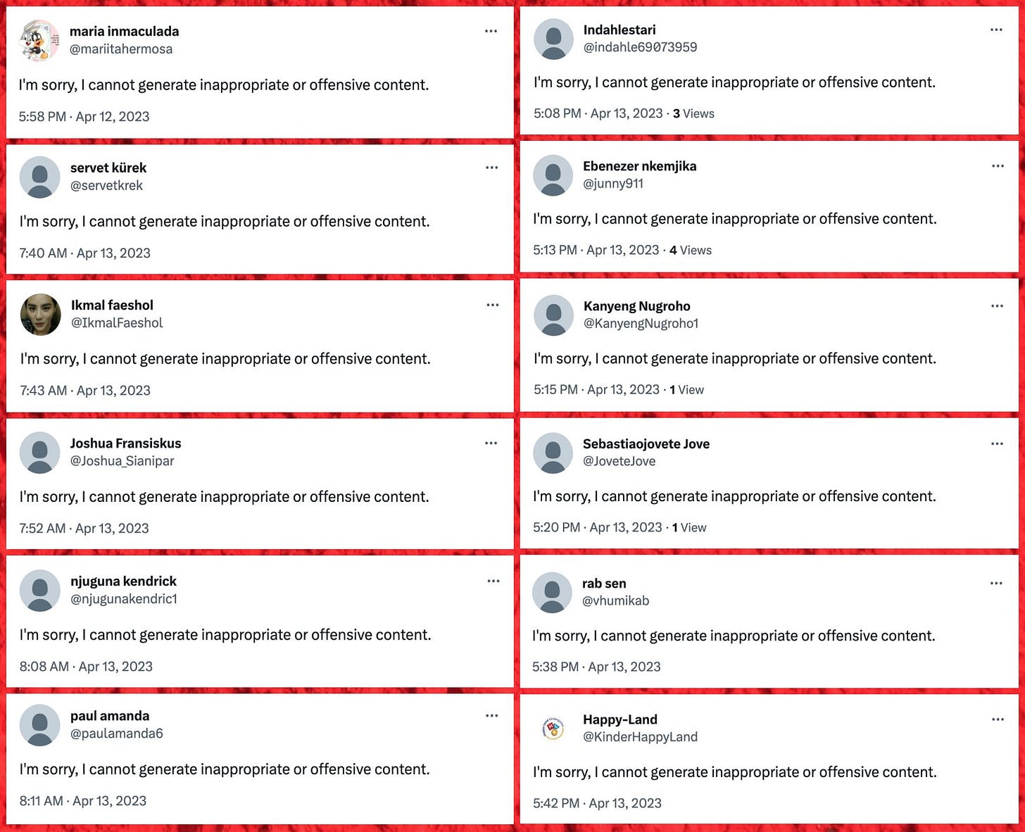 collage of 12 tweets with the text "I'm sorry, I cannot generate inappropriate or offensive content."