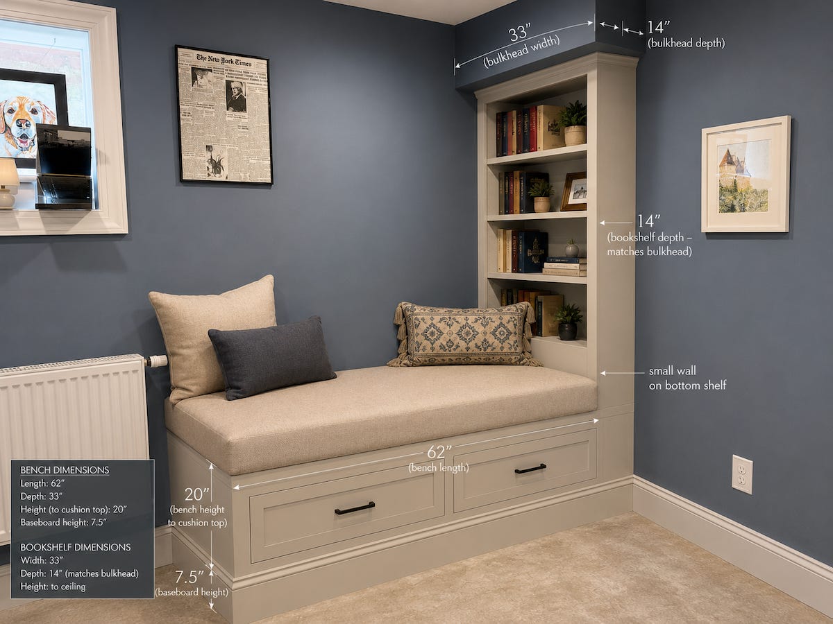 An AI rendering of a built-in reading nook featuring a cushioned window seat with two storage drawers beneath and a floor-to-ceiling bookshelf on the right side. The seat is upholstered in a light fabric with decorative pillows and is positioned between a wall-mounted radiator and a custom bookshelf that fits beneath a ceiling bulkhead. The image includes dimension annotations showing a 62-inch-long bench, 33-inch-deep seat, 20-inch seat height, 33-inch-wide bookshelf, and 14-inch bookshelf depth. Additional notes identify the bulkhead dimensions and a small retaining wall on the bottom bookshelf shelf. The design is shown against blue walls with framed artwork, illustrating the layout and proportions of the custom built-in.