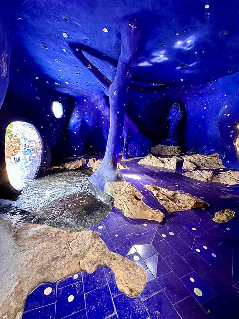 Three photos: A blue wall with a mosaic portrait of a woman with red hair, crying, the shiny blue and star tiled hair of the Empress. She has a red crown as well. The inside of the High Priestess. An open room tiled and painted blue. A hooded figure stands in the background.