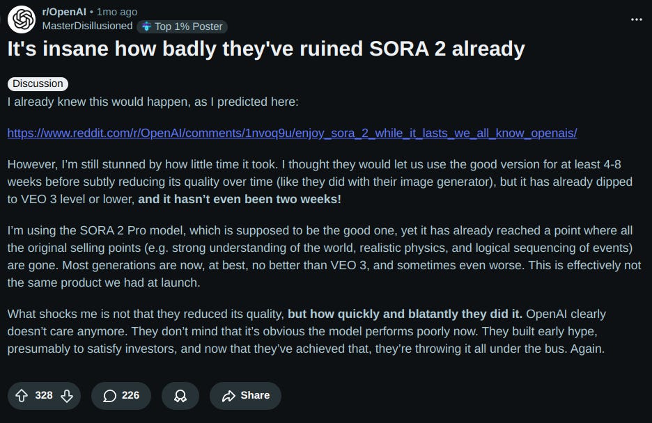 https://www.reddit.com/r/OpenAI/comments/1o3334f/its_insane_how_badly_theyve_ruined_sora_2_already/