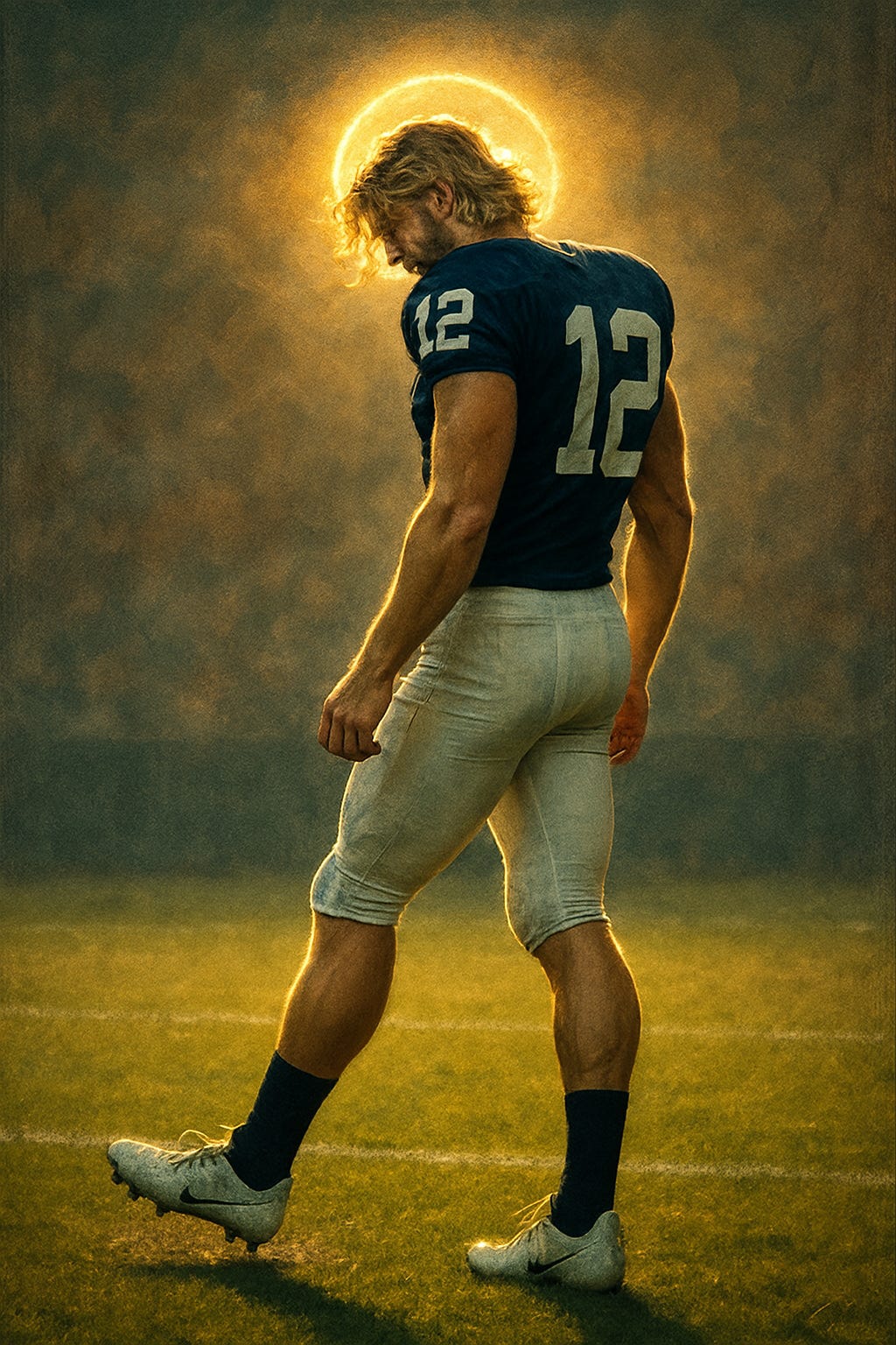 A good-looking blond quarterback wearing the number 12 on his blue jersey seems to have a halo-like glow around his head. A good-looking blond quarterback wearing the number 12 on his blue jersey seems to have a halo-like glow around his head.