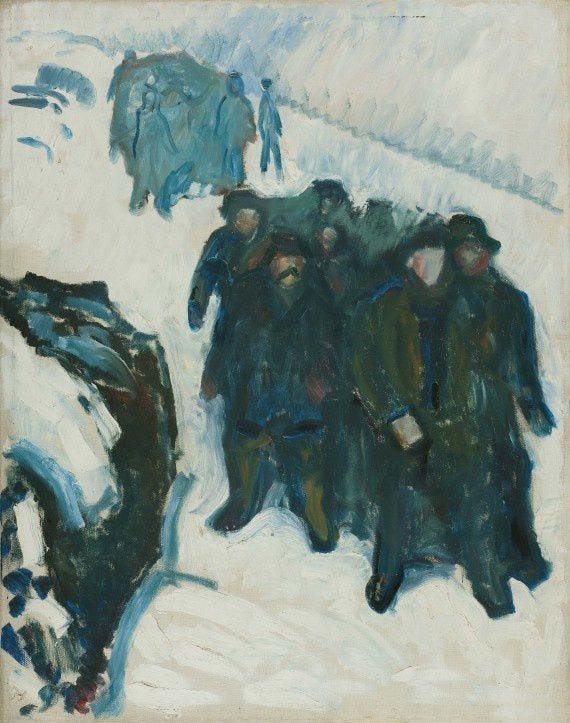This may contain: a painting of people walking in the snow with one person holding an umbrella and two others standing behind them
