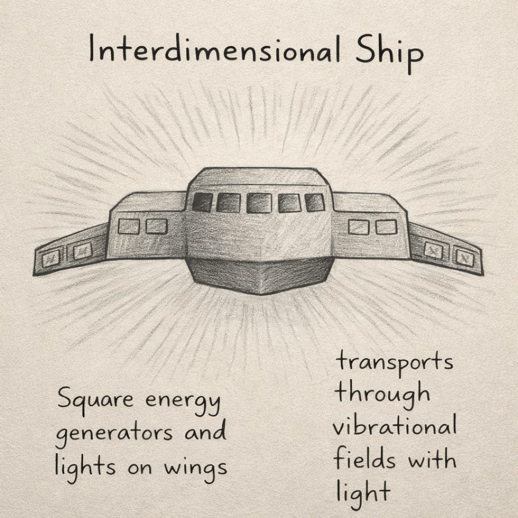 Grayscale pencil-style illustration of an angular, blocky interdimensional ship with sharp edges and a row of square windows across the front. The wings extend outward and bend downward, showing small square modules labeled as energy generators. Radiating lines surround the ship like an energy field, with handwritten text reading “Interdimensional Ship,” “Square energy generators and lights on wings,” and “transports through vibrational fields with light."