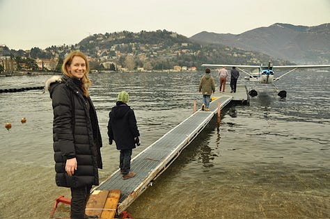 Top L-R: December 2009 snow-covered Lake Como, boarding for the seaplane tour, palm trees and persimmon in the snow, grey winter lake, a chilly seagully, view up the lake toward the Italian Alps