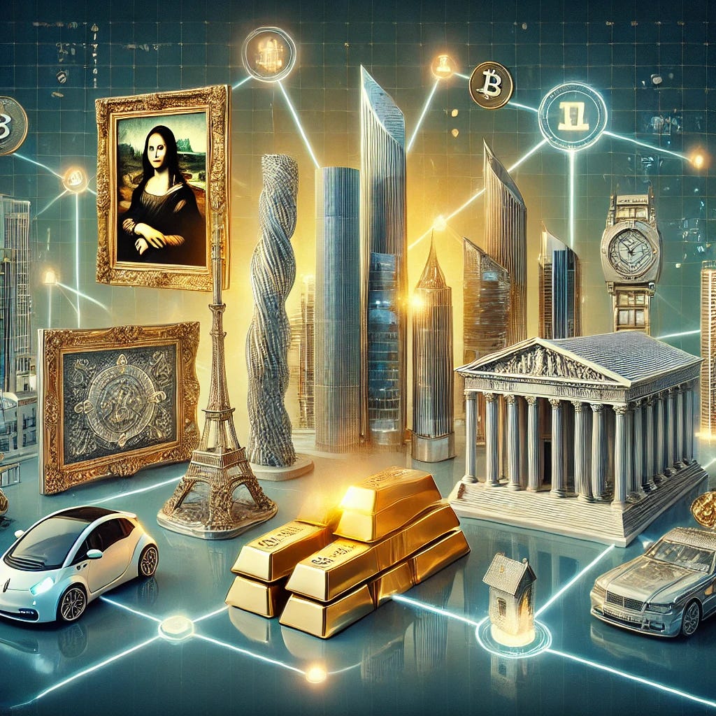 A visually striking representation of real-world assets (RWA), showcasing a diverse range of assets such as a modern skyscraper (real estate), a famous painting (art), stacks of gold bars (commodities), a futuristic electric car (automotive industry), and a corporate building (equity ownership). The assets are interconnected with glowing blockchain-style lines, symbolizing tokenization, set against a sleek digital background. The overall design is clean and professional, highlighting the concept of tokenized assets.