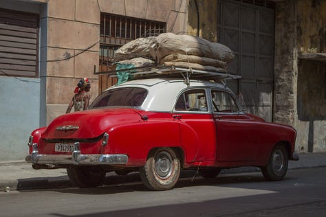 A second 3x3 grid of nine photographs from Havana, Cuba. The images show daily city life, including: kids jumping off the Malecón sea wall, people fishing at sunset, boys playing soccer in the street, classic American cars, a mural of Che Guevara, a dilapidated building, and a street vendor with a fruit cart.
