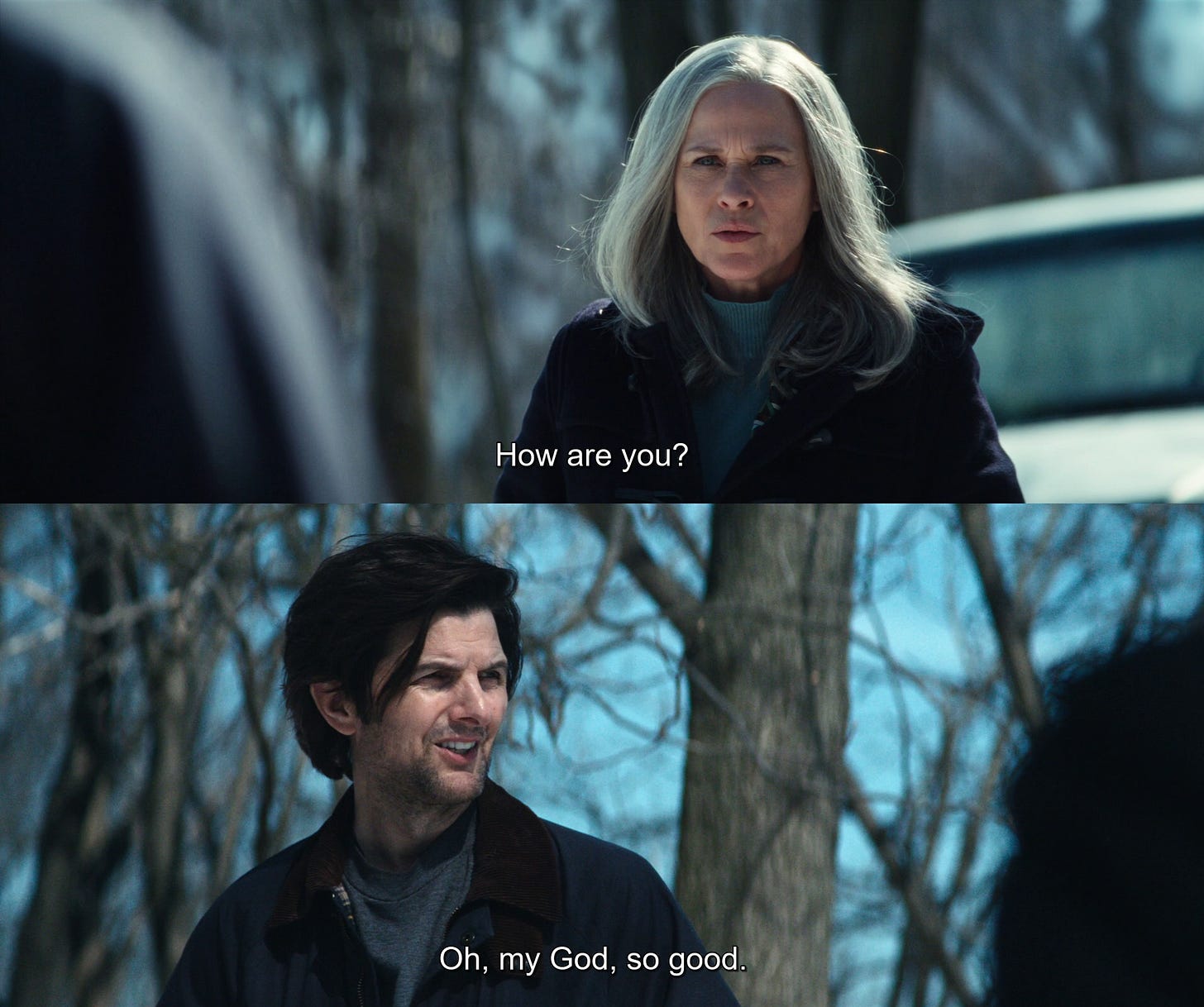 a two frame meme from Severance Season 2. on top, Ms. Cobel asks, "How are you?" in the bottom frame Mark sarcastically responds, "Oh my god, so good."